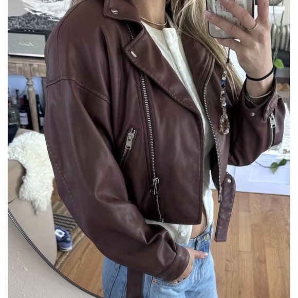 Lamarque Jackets & Blazers - Lamarque Women's Mahogany Brown Dani Moto Jacket Large Cropped Belted Fall